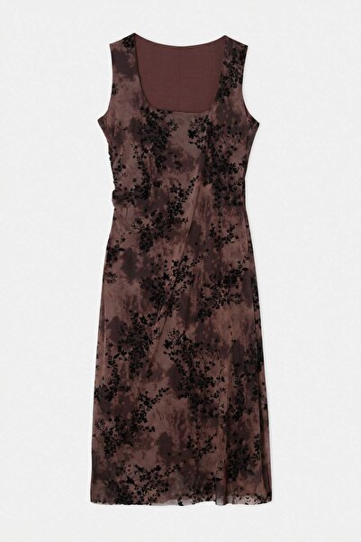 Trendyol Curve Brown Flock Printed Maxi Knitted Plus Size Dress Tbbss26Ah00279