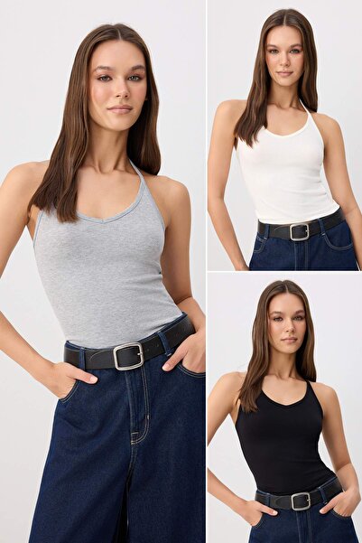 Trendyol Collection Tricou tricotat elastic, negru-gri-ecru, cu guler halteră...