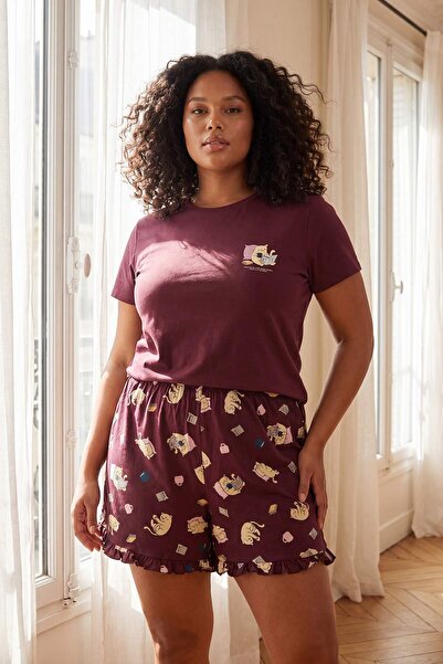 Trendyol Curve Set pijamale tricotate cu imprimeu Plum Cat, mărime mare TBBSS...