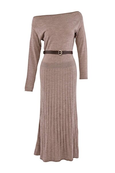 Trendyol Collection Mink A-Line Boat Neck Maxi Knitwear Belted Long Dress Two...