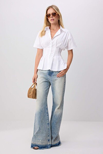 Trendyol Collection White Pleated Detailed Waist-Fitted Lycra Poplin Cotton S...