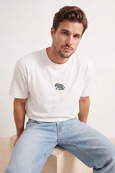 Trendyol Collection Tricou Ecru Oversize/With Wide Fit, cu broderie elefant, ...