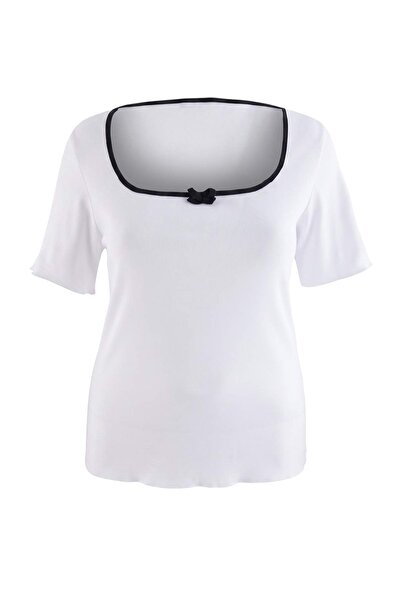 Trendyol Curve Ecru Square Neck Bow Detailed Knitted Plus Size Blouse Tbbss26...