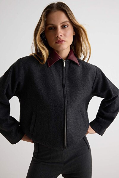 Trendyol Collection Anthracite Faux Leather Collared Cashmere Jacket Coat Two...