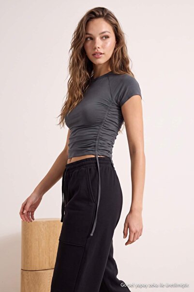 Trendyol Collection Anthracite Fitted/Bodycon Short Sleeve Ruched Soft Knitte...