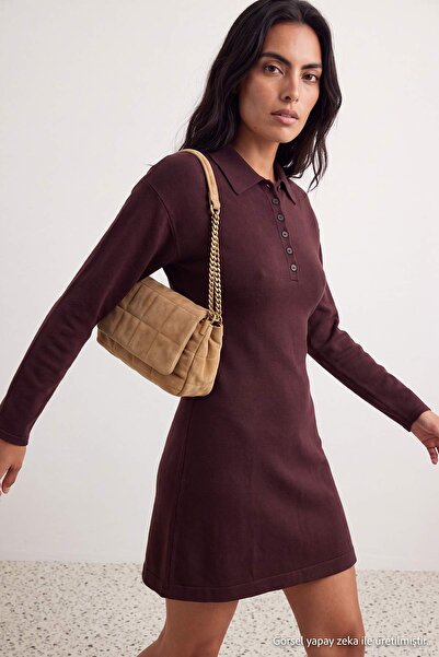 Trendyol Collection فستان تريكو بياقة بولو بني اللون TWOAW27EL00005