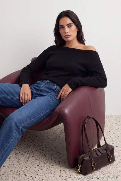 Trendyol Collection Black Soft Textured Boat Neck Side Gathered Knitwear Swea...