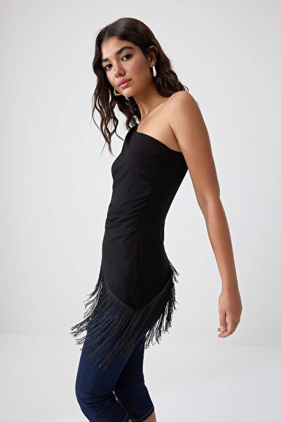 Trendyol Collection Black Plain Fitted/Asymmetrical Collar Sleeveless Tassel ...