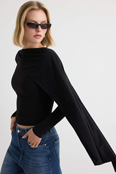 Trendyol Collection Black Plain Fitted Boat Neck Standard Sleeve Long Regular...