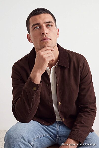Trendyol Collection Dark Brown Pocketed Regular Men's Denim Jacket with Butto...