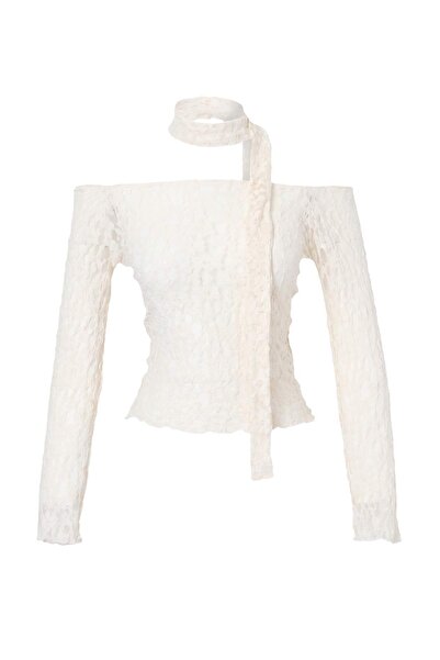 Trendyol Collection Ecru Plain Fitted Carmen Collar Shawl Lace Knitted Blouse...