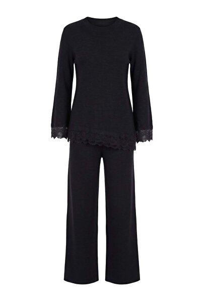 Trendyol Modest Black Regular Voile Plain Knitwear Hijab Bottom - Top Set Tct...