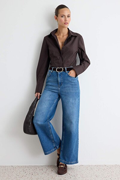 Trendyol Collection Blue Medium Stretch High Waist Ankle Length Culotte Jeans...