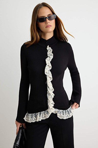 Trendyol Collection Black High Neck Lace Detailed Body Hugging Knitwear Cardi...