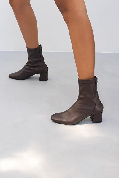 Beyond Γυναικείες Καφέ Beijing Stretch Blunt Fit Δερμάτινες Μπότες 5cm BYNDST...