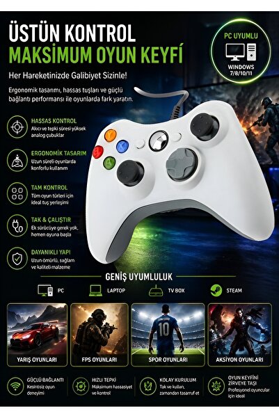 İTHALCİM Xbox 360 Uyumlu Kol Kablolu Joystick Gamepad Kablolu Oyun Kolu