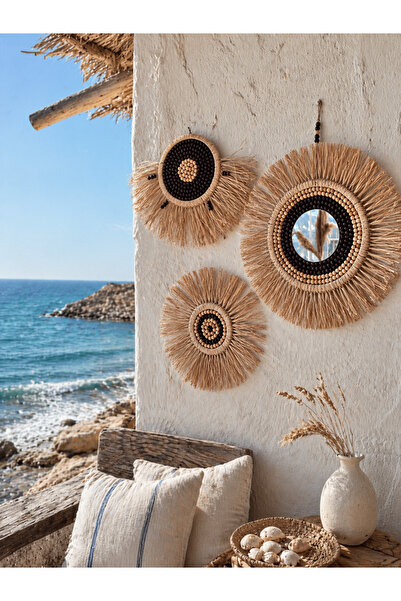 Home Bohem Handmade 3'lü Set Boncuklu Aynalı Kahverengi Doğal Rafya Duvar Süsü