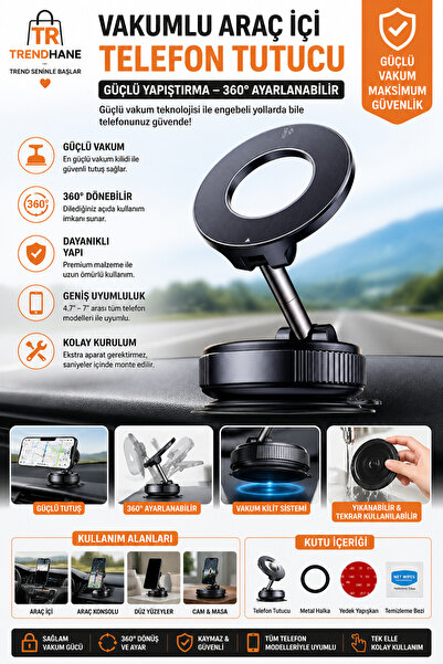 Trendhane Vakumlu Araç İçi Telefon Tutucu | Güçlü Yapıştırma Braketi – 360° A...