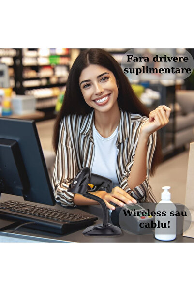 MOGODA Scanner de coduri de bare și QR 2D 1D Wireless Reîncărcabil prin USB Suport inclus Rază de acțiune 150m Negru