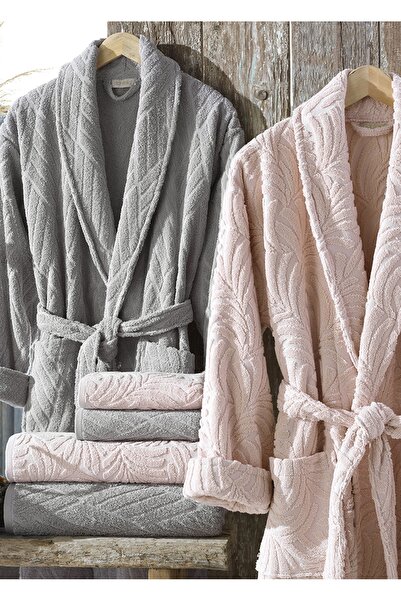 Dantela Σετ μπουρνούζια από βαμβάκι ζακάρ Melanie 6 τεμαχίων - Ροζ/Γκρι