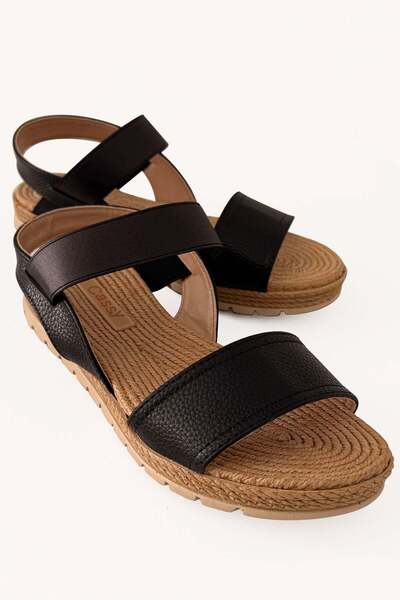 CCWAY AYAKKABI Ψάθινα σανδάλια με μονό λουράκι και λάστιχο ΜΑΥΡΟ