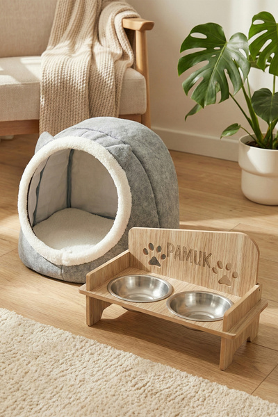 GOBYPET İsim Yazılabilir Kare Mama Kabı Ve Keçe Kedi ve Küçük Irk Köpek Evi S...