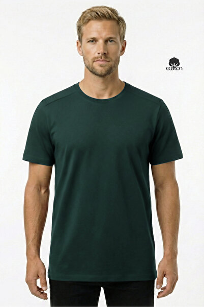 Cottonland Erkek BASIC Normal Kesim O Yaka Penye Pamuk T-Shirt NEFTİ YEŞİL