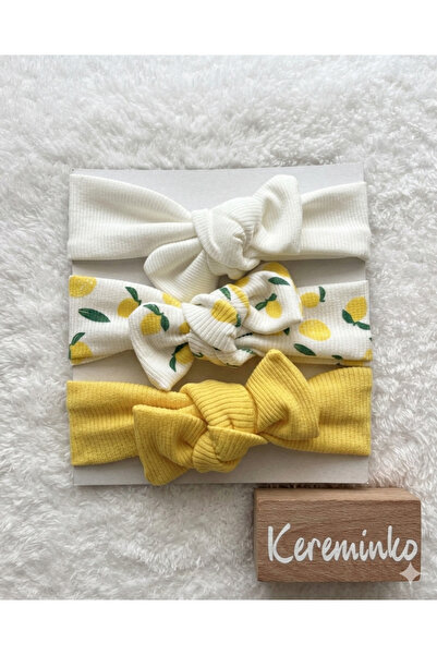 Kereminko Bebek Kız Bebek ve Çocuk Limon Desenli Fiyonklu Saç Bandanası 3lü Set