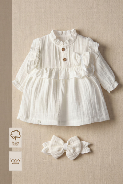 Minory Baby - %100 Pamuk Fiyonklu Müslin Elbise & Saç Bandı Seti