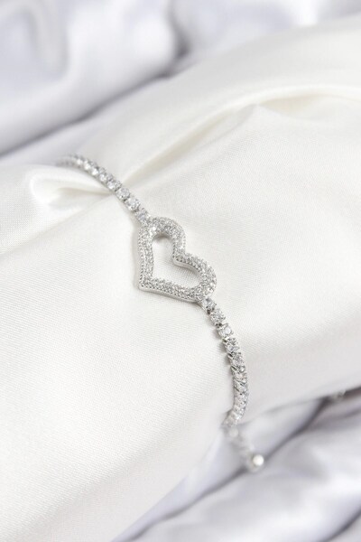 TakÇalıştır Brass Zircon Stone Heart Model Silver Color Elevator Women's Brac...