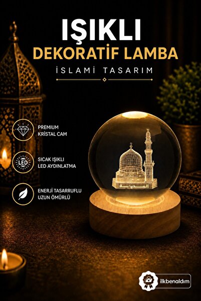 İlkbenaldim Işıklı Dekoratif Kristal Cam Küre Lamba Ramadan Kareem İslami Tas...