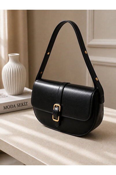 Women's Black Faux Leather Magnet Closure Adjustable Strap Shoulder Bag