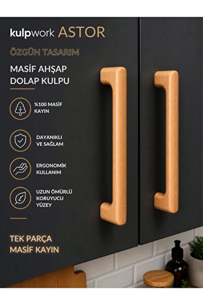 Kulpwork Astor Masif Ahşap Tasarım-Mobilya Mutfak Çekmece Dolap Kulpu 96mm 12...