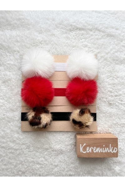 Kereminko Bebek Baby Girl and Child Red Pompom Hair Band Set of 3