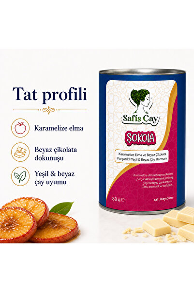 Safiş Çay ŞOKOLA - Karamelize Elma ve Beyaz Çikolata Parçacıklı Yeşil & Beyaz Çay Harmanı