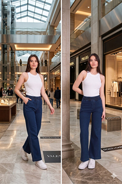 Gülizim Butik Lacivert Kadın Beli Lastikli Yüksek Bel Likralı Büyük-küçük Beden Jeans