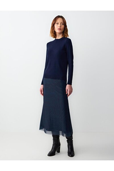 Jimmy Key Patterned Regular Waist Straight Cut Patterned Mesh Knitted Long Skirt