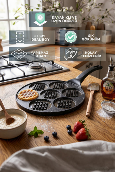 Evsane 27 cm Yanmaz Yapışmaz Döküm Waffle Tavası