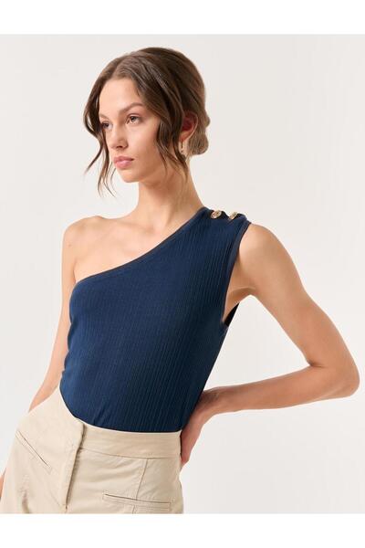 Jimmy Key Navy Blue One Shoulder Detailed Knitted Blouse