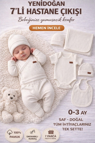 İZYALİF BABY Kız Erkek Bebek Organik 7li Hastane Çıkış Seti Battaniye Dahil P...