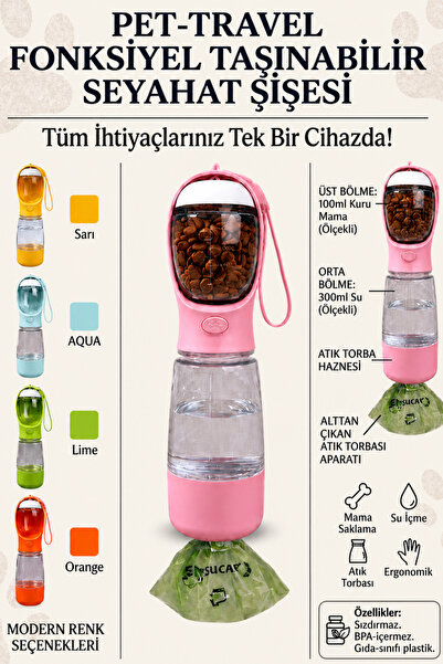 ego home Taşınabilir Kedi Köpek Suluğu 500 ml 3in 1 arada Seyahat Su Şişesi M...