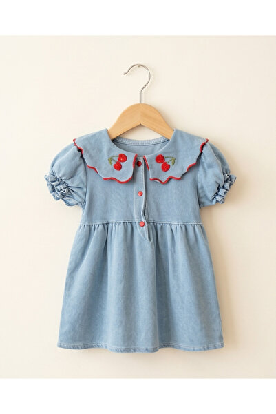 Baby Buu Baby Girl Cherry Embroidered Denim Dress – Collared, Buttoned, Summe...