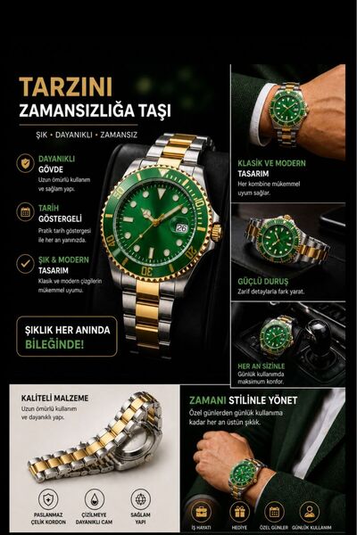 Love The Wind Sports Men's Wristwatch - Silver Gold Band & Green Dial