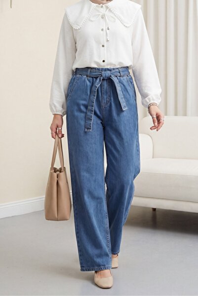 Modamorfo Elastic Waist Belted Pocketed Jeans - Blue