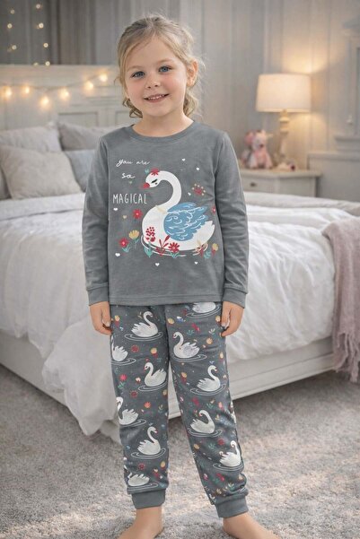 ELMASS Diamond girl magic swan print long sleeve pajama set 1-5 years - leaden