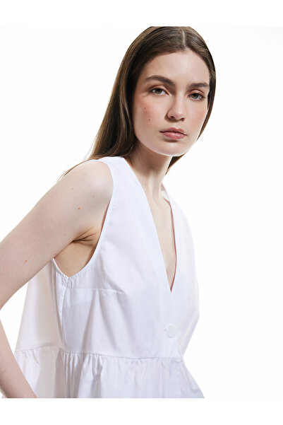 Koton Cotton Buttoned Sleeveless V Neck Peplum Blouse