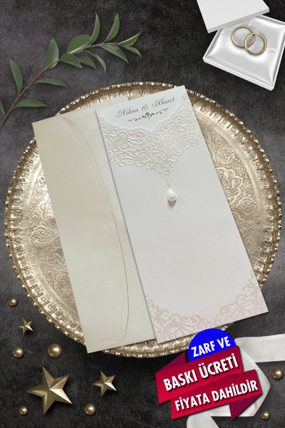 Cem Davetiye Düğün Nişan Nikah Kına Davetiyesi 3382 (100 ADET) Baskı Dahil