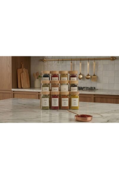 12-Piece Glass Spice Holder Set - With Bamboo Lid and 12 Turkish Label Gifts