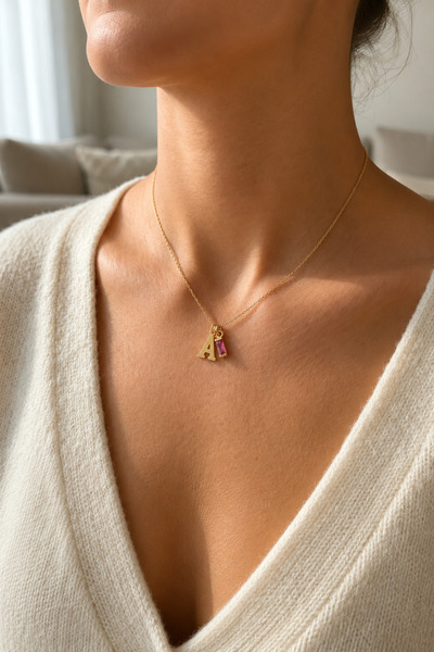 Auryne Jewelry 925 Ayar Gümüş Kişiye Özel Baget Doğum Taşlı Harf Kolye 14 Aya...