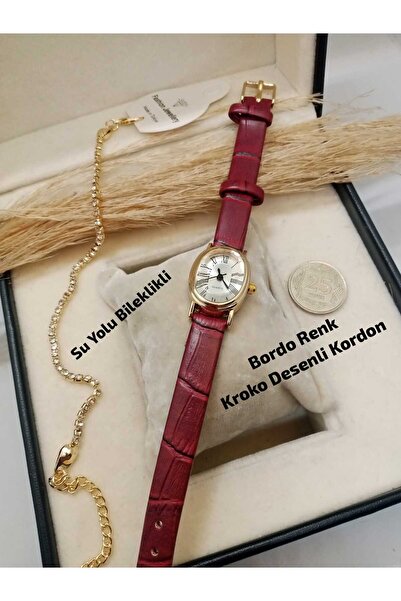 Brality Vintage Kadın Kol Saati Retro Minimal Bordo Renk Kordon- Gold Renk Ka...